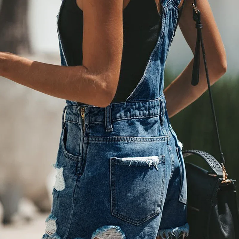Denim Overalls Women's Ripped Short Short Jumpsuit High Waist Casual Jeans Jumpsuit 2024 Summer Washed Denim Jumpsuit Overalls