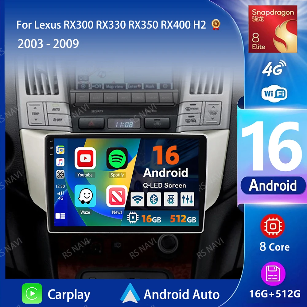Radio para Auto Android 16 con wifi+4G y Carplay para Lexus RX300 RX330 RX350 RX400H 2003-2009, Navegación GPS, Reproductor Estéreo Multimedia 1