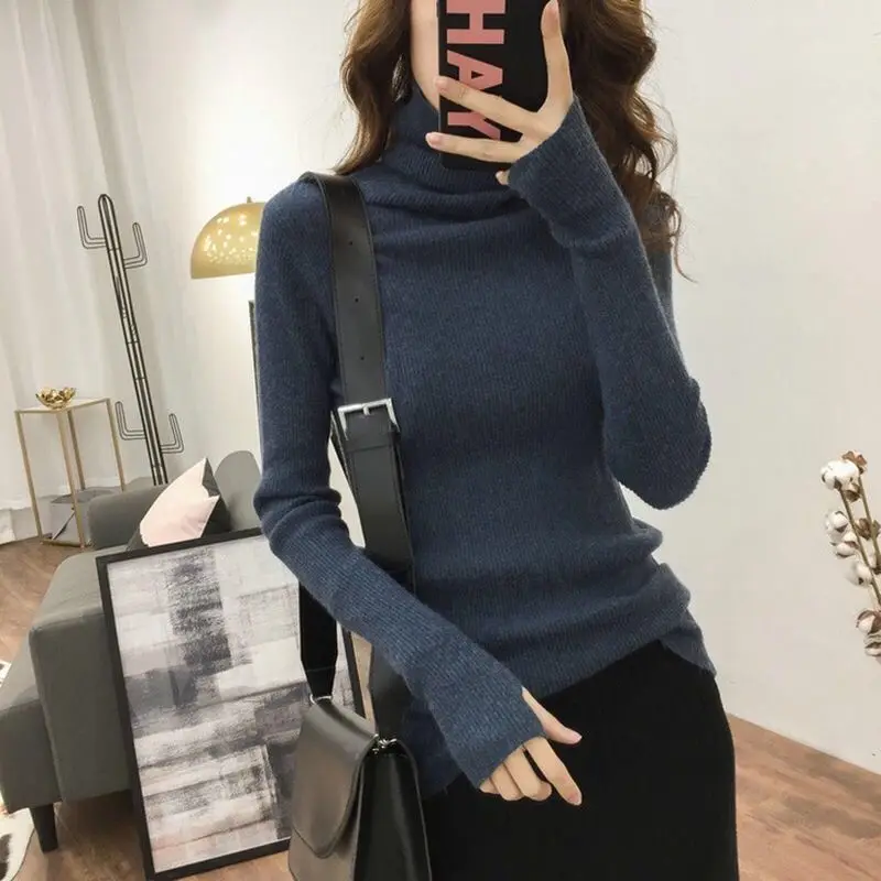 

Sweater autumn and Winter 2023 Knitted Women semi high collar slim pile neck sweater Korean long sleeve solid pullover sweater