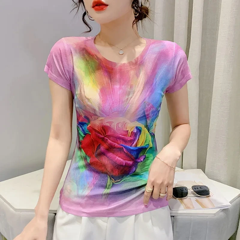 

Colorful Printed Top Women's Summer New Versatile Short Sleeve T-shirt P3 894