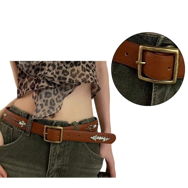 

Adult Ethnic Waist Belt with Adjustable Unique Pin Buckle Waistband PU Waist Belts for Rock Fan Wear Resistant