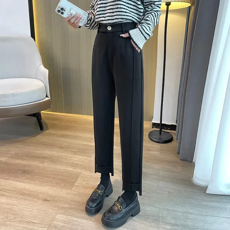 

Winter High Waist Solid Office Lady Trousers Casual Loose Harem Pants Autumn Warm Woolen Wide Leg Pants Women Pantalones 29469