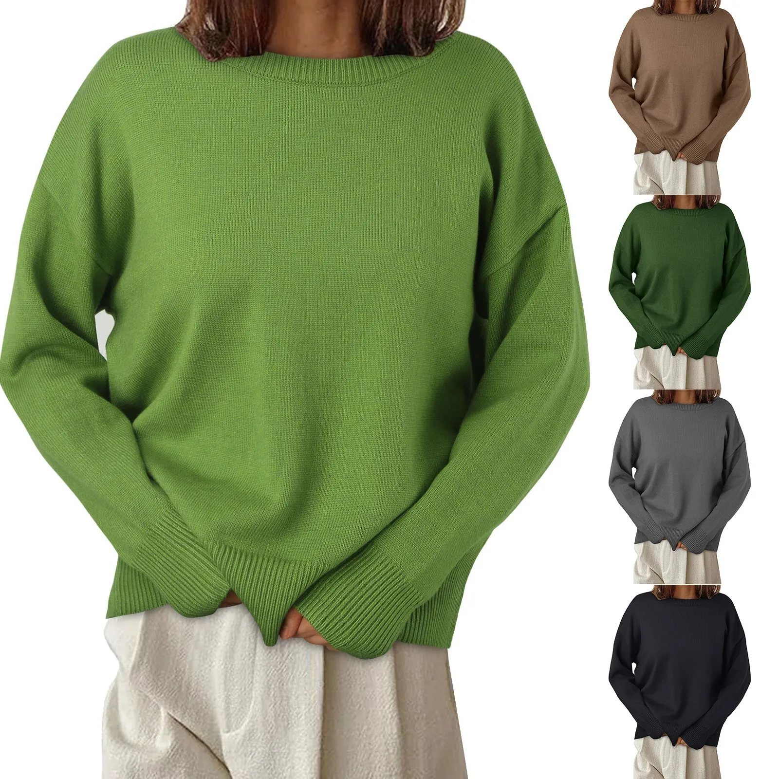 

Hot Sweater for Women Solid Color Round Neck Sweater Europe And America 2023 Autumn/Winter Versatile Casual Round Neck Knitted