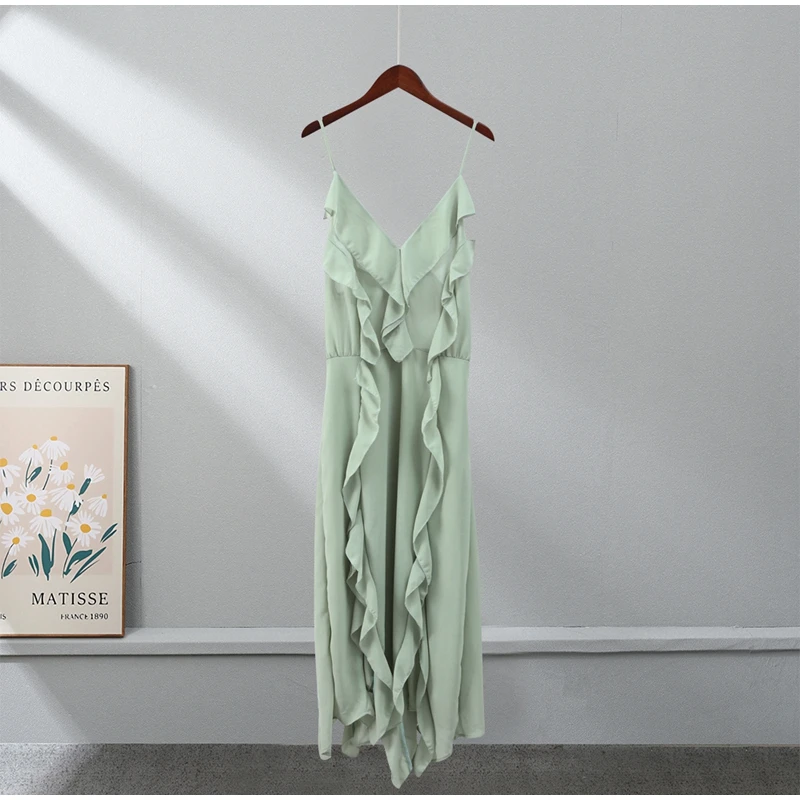 Sexy Green Asymmetric Ruffle Female Dress Fashion V Neck Sleeveless Backless Sling Dresses 2023 Summer Women High Street Vestido