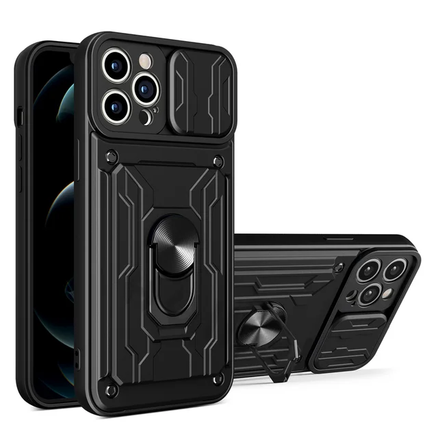 For iPhone 13 12 11 Pro Max Case Slide Stand Kickstand Ring Camera Military Grade Card Slot SE 2020 XR XS Max X XS 8 Plus Cover Black