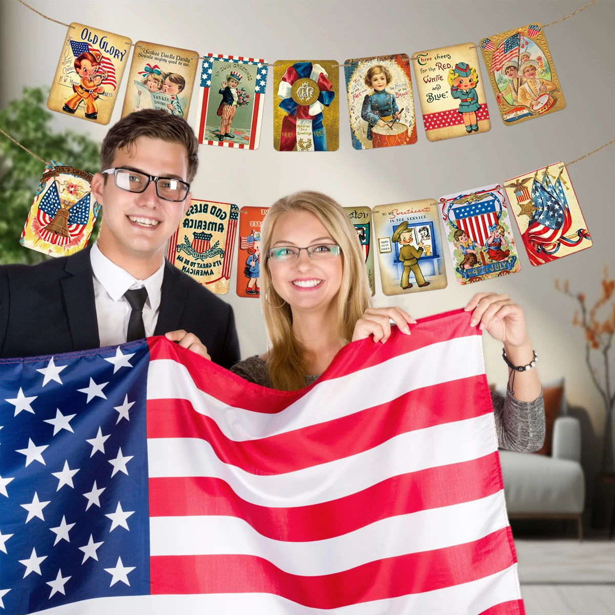

15Pcs/Pack 4th of July Banner Independence Day Patriotic Decoration,Vintage Style Indoor Home Office Memorial Day Hanging Banner