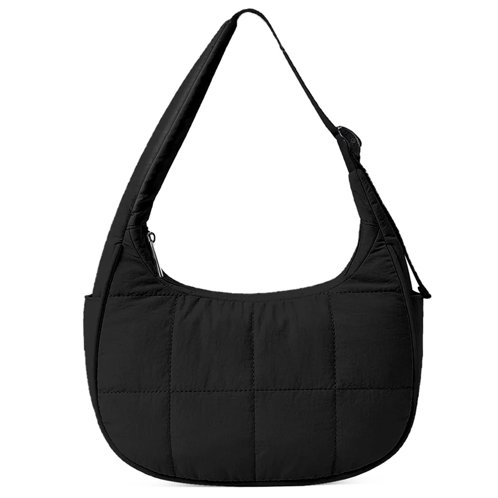 Puffer Crescent Bag for Women Quilted Shoulder Bag Nylon Adjustable Strap Underarm Bag Zipper Handbag for Work Travel
