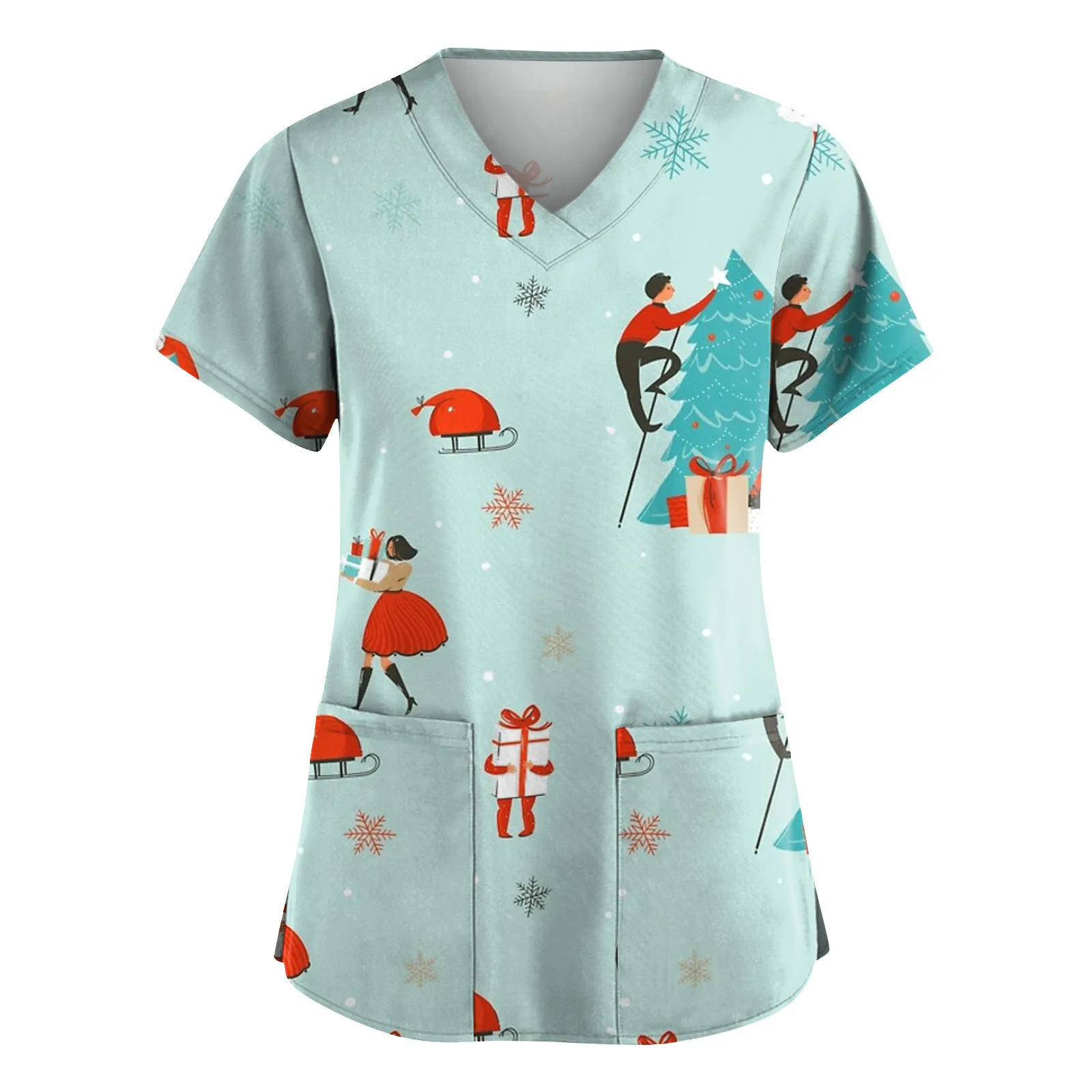 

Scrub Tops For Women Fashion Merry Christmas Print Short Sleeve V-neck Tops Working Blouse Shirt Women Clinic Nurse Uniform