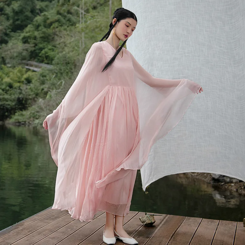 

A Life On The Left Women Dress 2023 Spring Summer Long Sleeves A-shaped 100% Mulberry Silk Original Retro Pink Mid-length Skirt