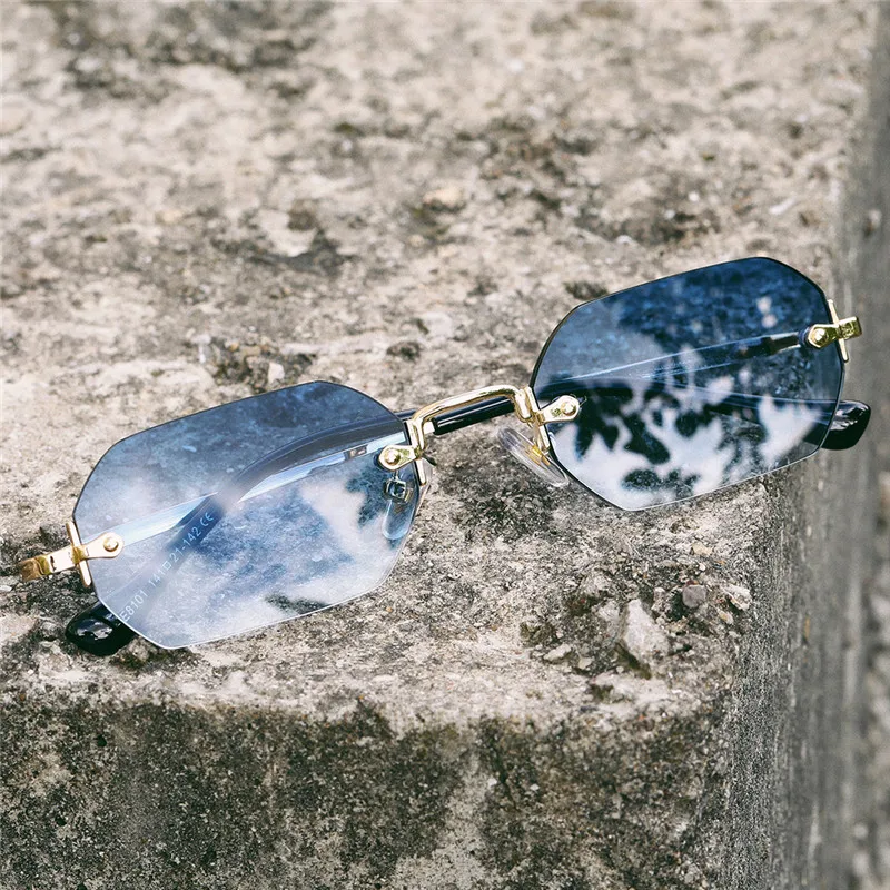 Rimless Rectangle Sunglasses Small Men Glasses Women Metal Gold Polygon Blue Shades 2022 UV400 Frameless_voghion.com
