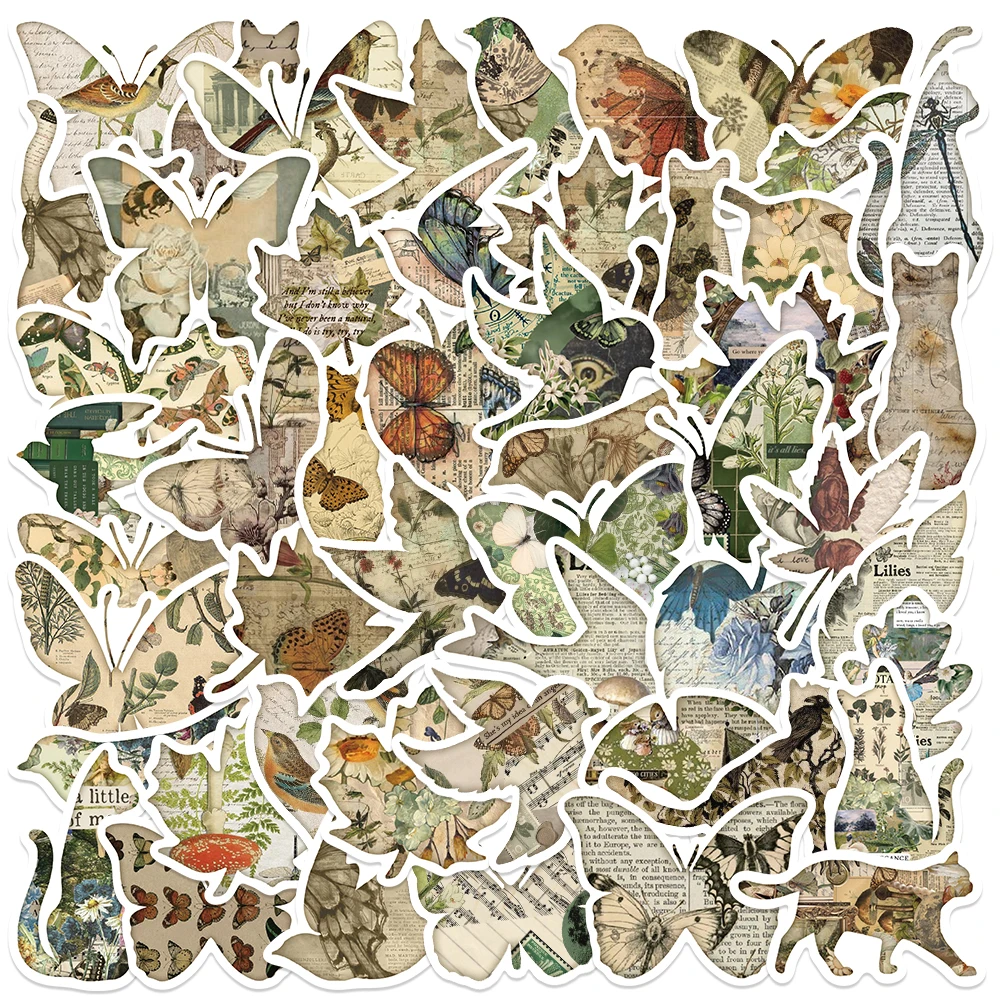 

50pcs Retro Art Pieces Stickers Butterfly leaves Aesthetic Decals For Water Bottle Laptop Luggage Skateboard Scrapbook Stickers