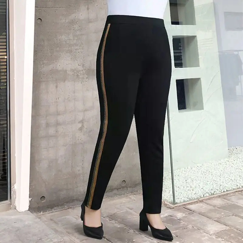 Casual Black Straight Pants Vintage Pockets Splice Side Phnom Penh Striped Elastic High Waist Spring Autumn Plus Size Trousers