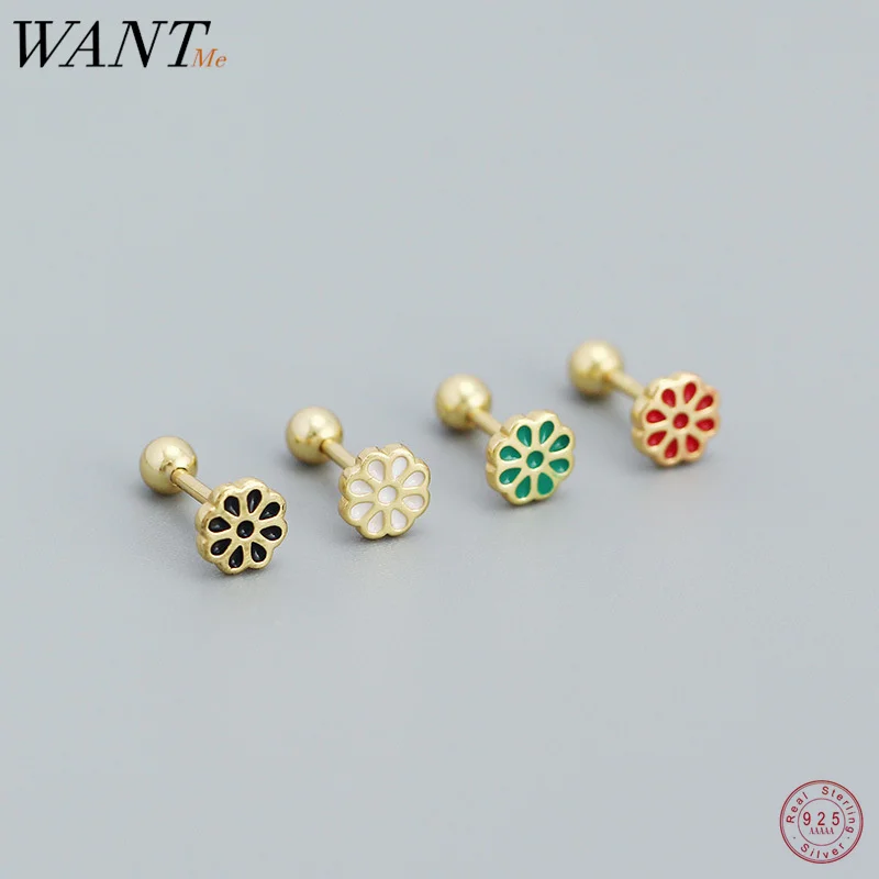 

WANTME 925 Sterling Silver Romantic Rainbow Enamel Flower Ear Bone Accessories Small Stud Earrings for Women Piercing Jewelry