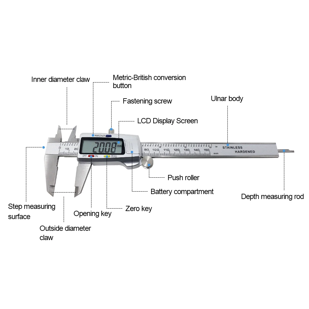 Description Picture 4 of item150mm Electronic Digital Metal Caliper 6 Inch Stainless Steel Vernier Caliper Gauge Micrometer Measuring Tool Digital Ruler
