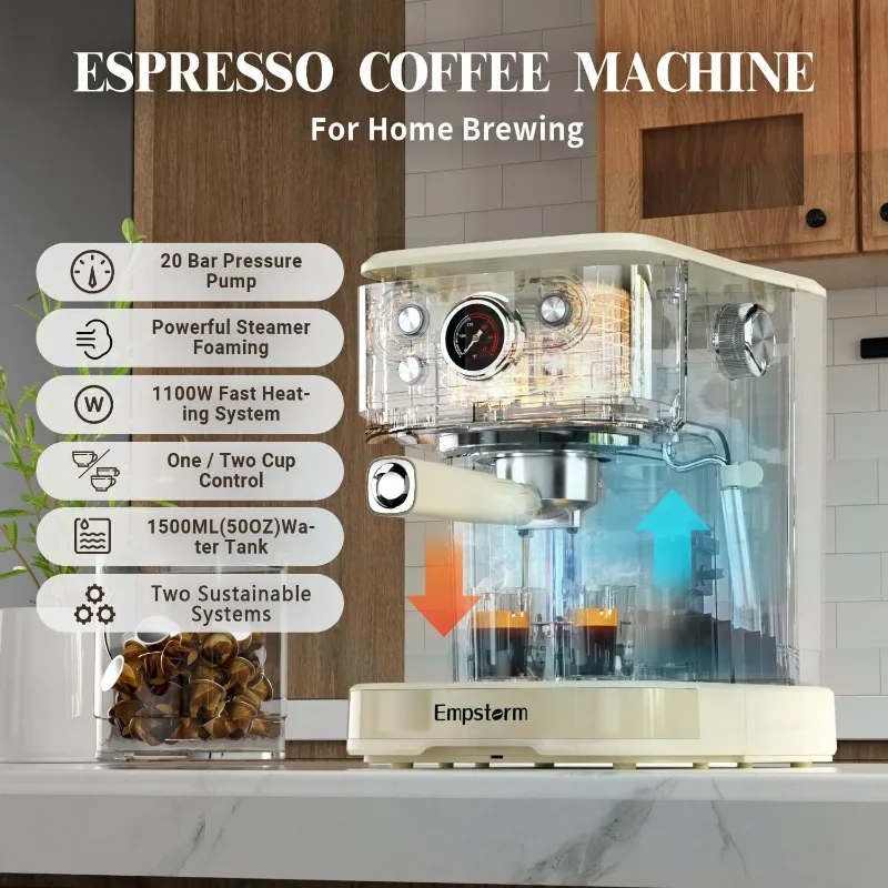 Empstorm Espresso Machine 20 Bar, 2 IN 1 Cappuccino Machine and Milk Frother Steam Wand Compatible for NS Original Capsules 2