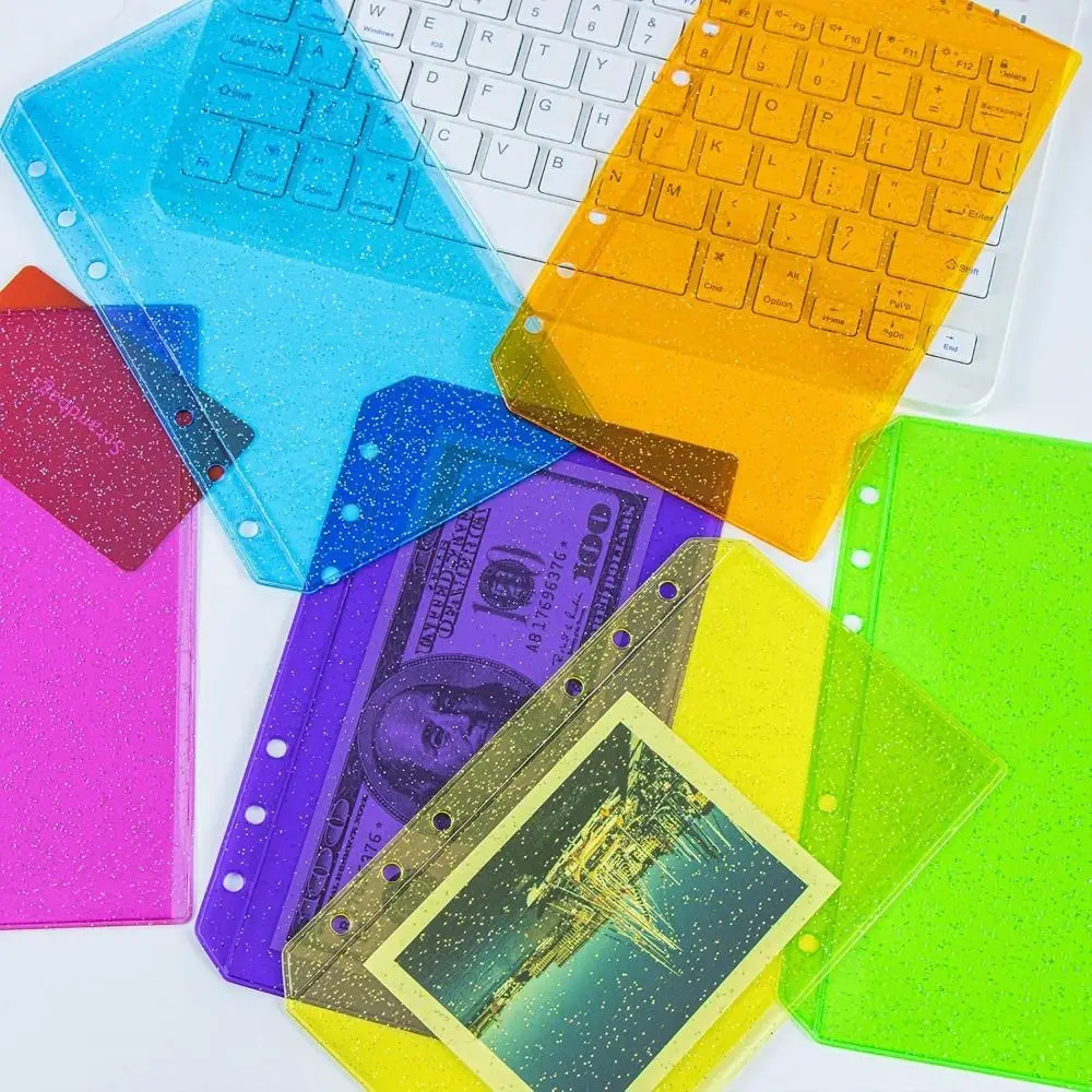 Flat Design PVC Binder Pockets A6 Colorful Glitter Document Filing Bag Clear 6-Hole Document Folders Journal Planner