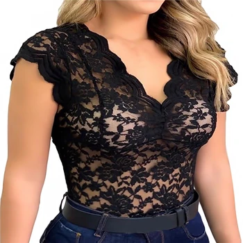 Lace Sexy Deep V Neck T-shirt For Women Elegant Summer Short Sleeve T Shirt Lace Flower  Tops Ladies 1