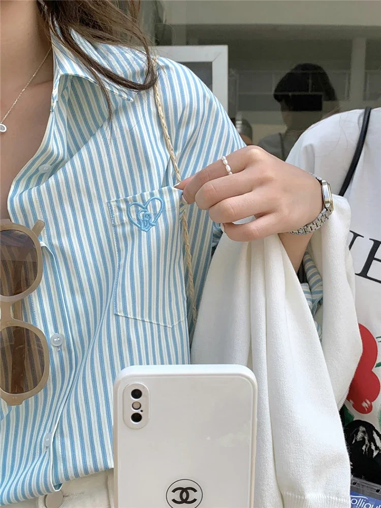Chicly Casual Office Lady Style Single Breasted Striped Embroidery Women Shirt New Spring Drop Sleeve Fashion Female Shirts