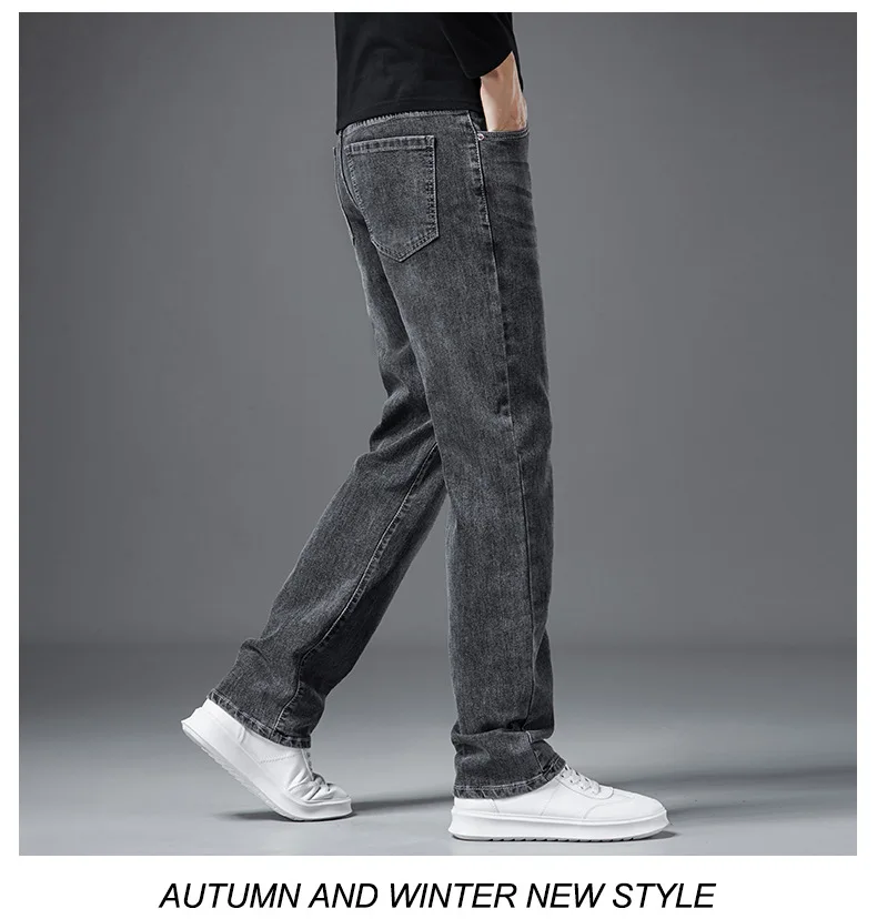 Grey Men's Jeans Casual Straight Fashion Classic Work Denim Trousers Men Clothing