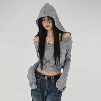 Flare Long-sleeve Hooded Crop Top Women Fall Solid Color Elastic Casual Tee Shirt Pullover Pile Collar Y2k T-shirt 1