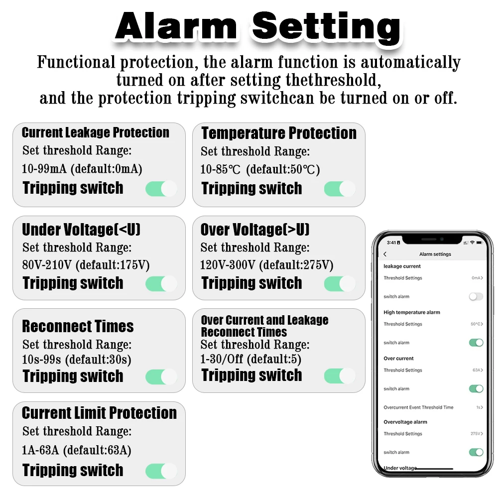 Smart Switch Circuit Breaker 2P 63A TUYA APP WiFi Earth Leakage Over Under Voltage Protector Relay Device Energy Power kWh Meter