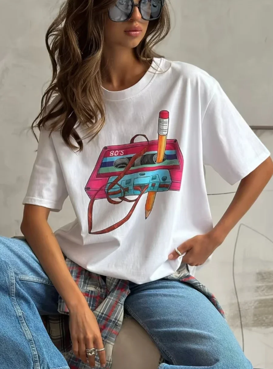 Bornladies Cotton Women's Fashionable Printed T-shirt Casual Vintage Short-sleeve Printing Fashion Hip Hop Loose Top 230g/m³