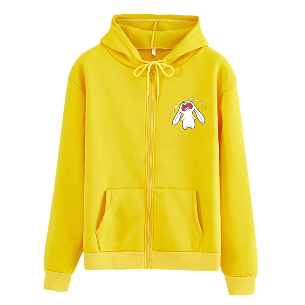 

Cry Cute Rabbit Print Women Hoodies Zip Oversize Loose Up Sweatshirt Pullove Jacket Color Zipper Fleece Jumpers Solid Coat