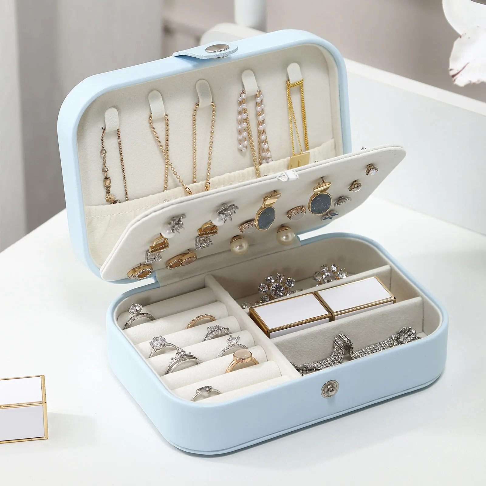 

2022 Portable Jewelry Box Jewelry Organizer Display Travel Jewelry Case Boxes Button Leather Storage Zipper Jewelers Joyero