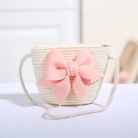 Cute Bow Straw Shoulder Bags Baby Girls Handmade Woven Crossbody Bag Princess Kids Messenger Bags Mini Coin Purse Beach Handbags 4