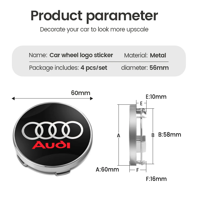 아우디 S RS A3 A4 A1 용 자동차 휠 센터 허브 캡 스티커, 자동차 장식 액세서리, 60mm, 68mm, 4 개