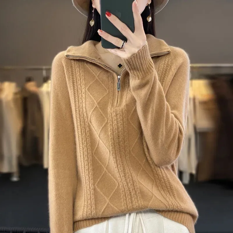 

Stand Collar Zipper Plush Clothes Female Fashion Long Sleeve Thick Warm Tops Autumn Winter New Korean Thin Sweater Female B157