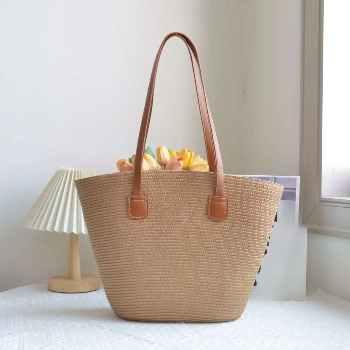 Stylish Striped Woven Shoulder Bag For Women Large Capacity Tote_voghion.com