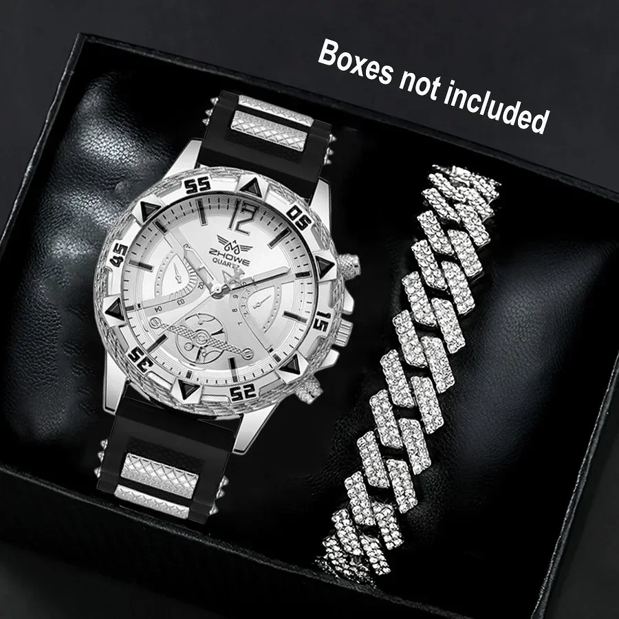 Business 2PCS Men's Fashion casual Luxury Silicone Band Diamond Quartz Bracelet Wrist Watch set（Box Not Included ）