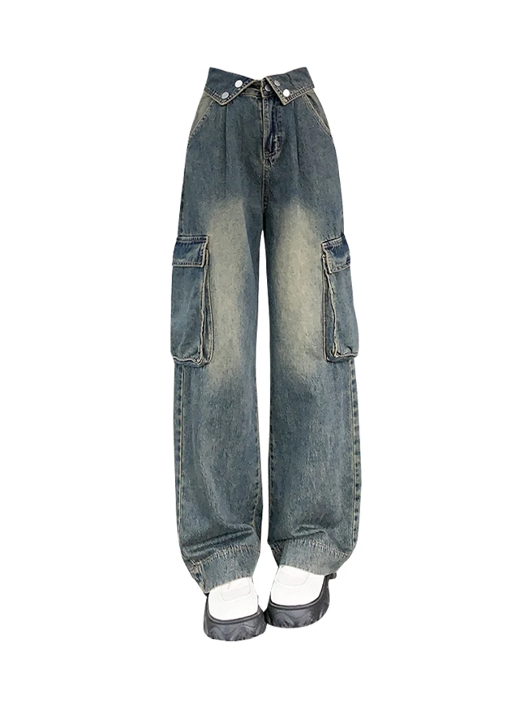 

Повседневные брюки Хай-стрит с широкими штанинами, модные корейские джинсы в стиле хип-хоп с голубым эффектом потертости, прямые джинсовые брюки, модель 2000s в эстетике