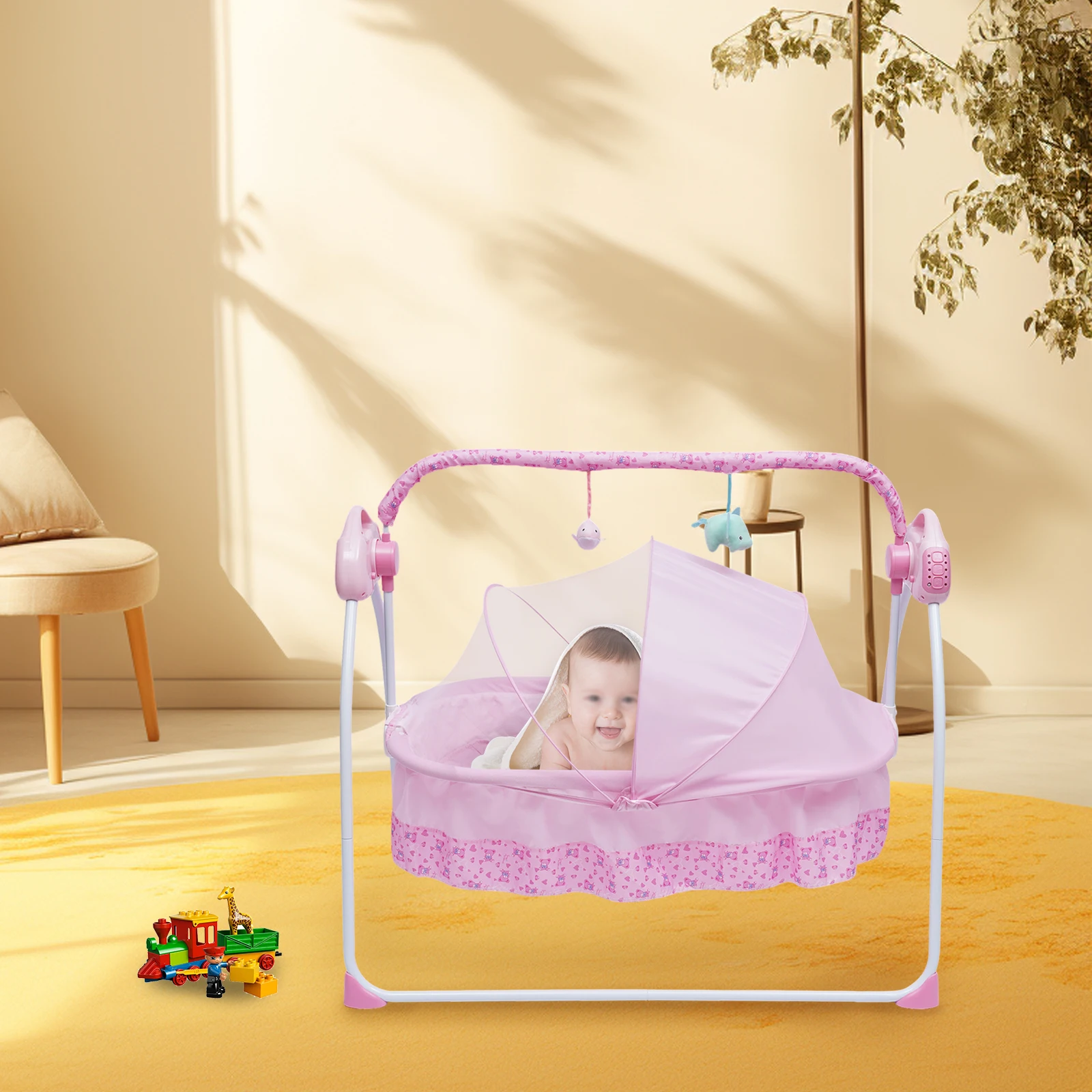 Baby Crib 5 Gears Electric Bluetooth Auto-Swing Rocking Bassinet Sleep Bed Infant Rocker + Net Adjustable Nursery
