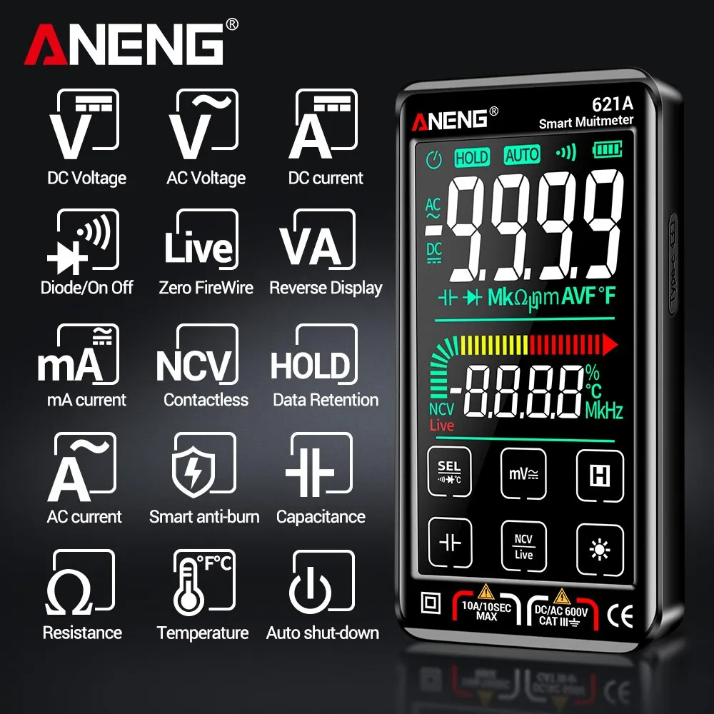 ANENG Ʈ  Ƽ, ġ ũ ƼƮ ׽ Ʈ, 9999 īƮ, True RMS ڵ  DC/AC 10A 跮, 621A