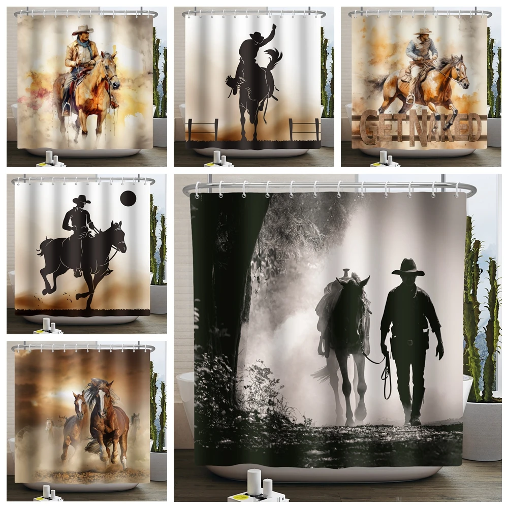 Western Cowboy Shower Curtain Country Cowboy Riding Horse Wild West Farmhouse Bathroom Curtain Minimalist Aesthetic Bath Curtain