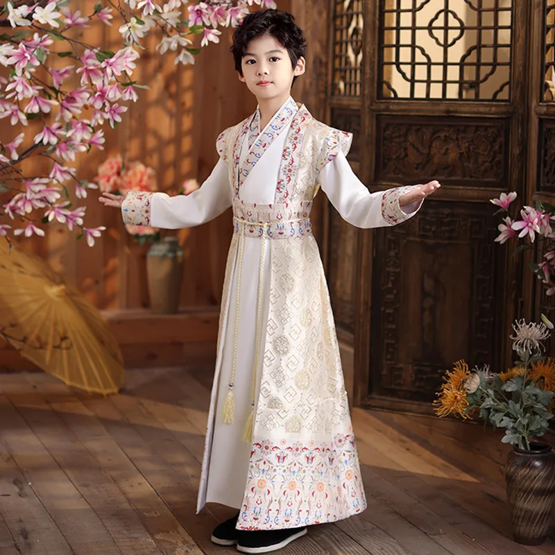 Chinese Style Kids Ancient Champagne Print Costume Children's Hanfu Boys Tang Suit Traditional Dress