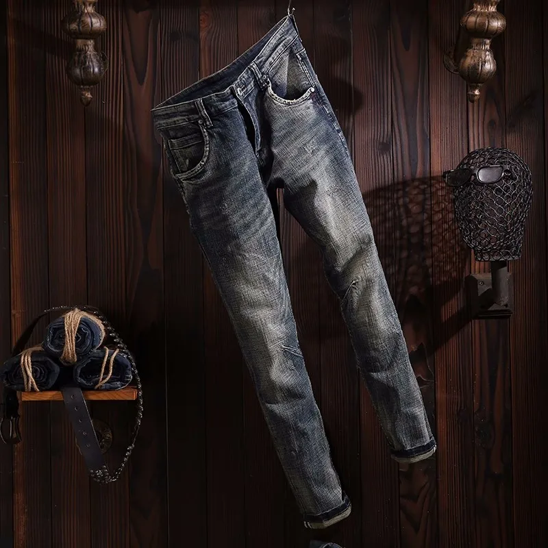 Italian Style Fashion Men Jeans Retro Wash Elastic Slim Fit Ripped Jeans Men Stretch Trousers Vintage Designer Denim Pants Homme