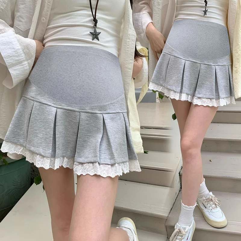 Good Quality Japanese Style Maternity Mini Skirts with Lining Shorts Lace Patchwork High Waist Pregnant Woman Pleated Skirt Cute