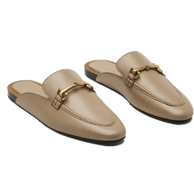 Jenny&Dave French Flat Shoes Women Fashion Genuine Leather Mule Shoes Vintage Horsebit Buckle Office Lady Lofer Shoes