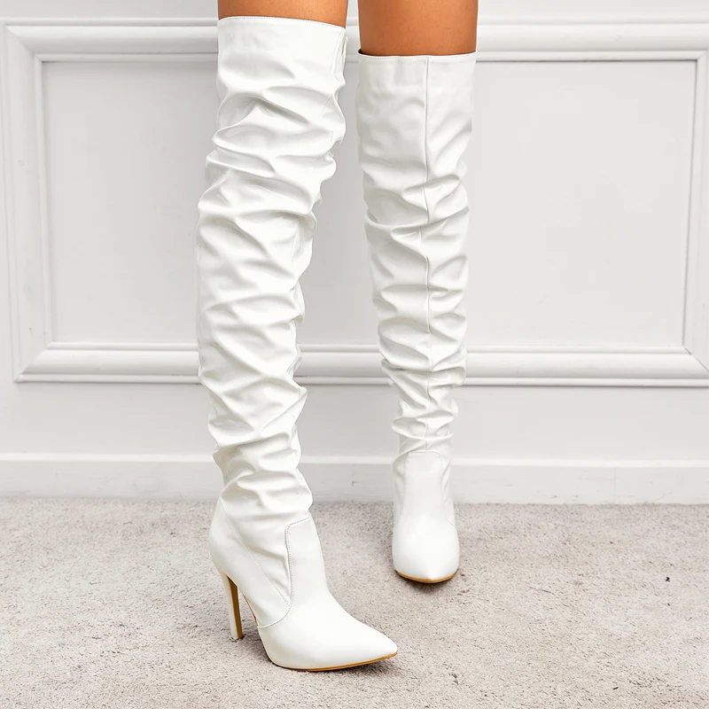 Winter Long Boots Woman Patent Leather Pointed Toe Stiletto High Heels Zipper Over The Knee Boots Botas Altas Sexy Ladies Shoes