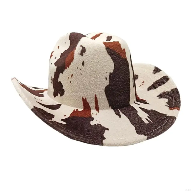652F Western Styles Hat Roll Trim Cowgirls Fedoras Wide Brims Hat with Leopard Pattern for Outdoor Activity and Cosplay Party