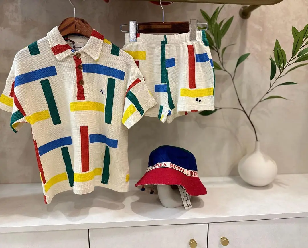 2023 BC Summer Girls' Korean Style Cute Contrast Square Polo Neck Waffle T-shirt Children's Set Children Clothing