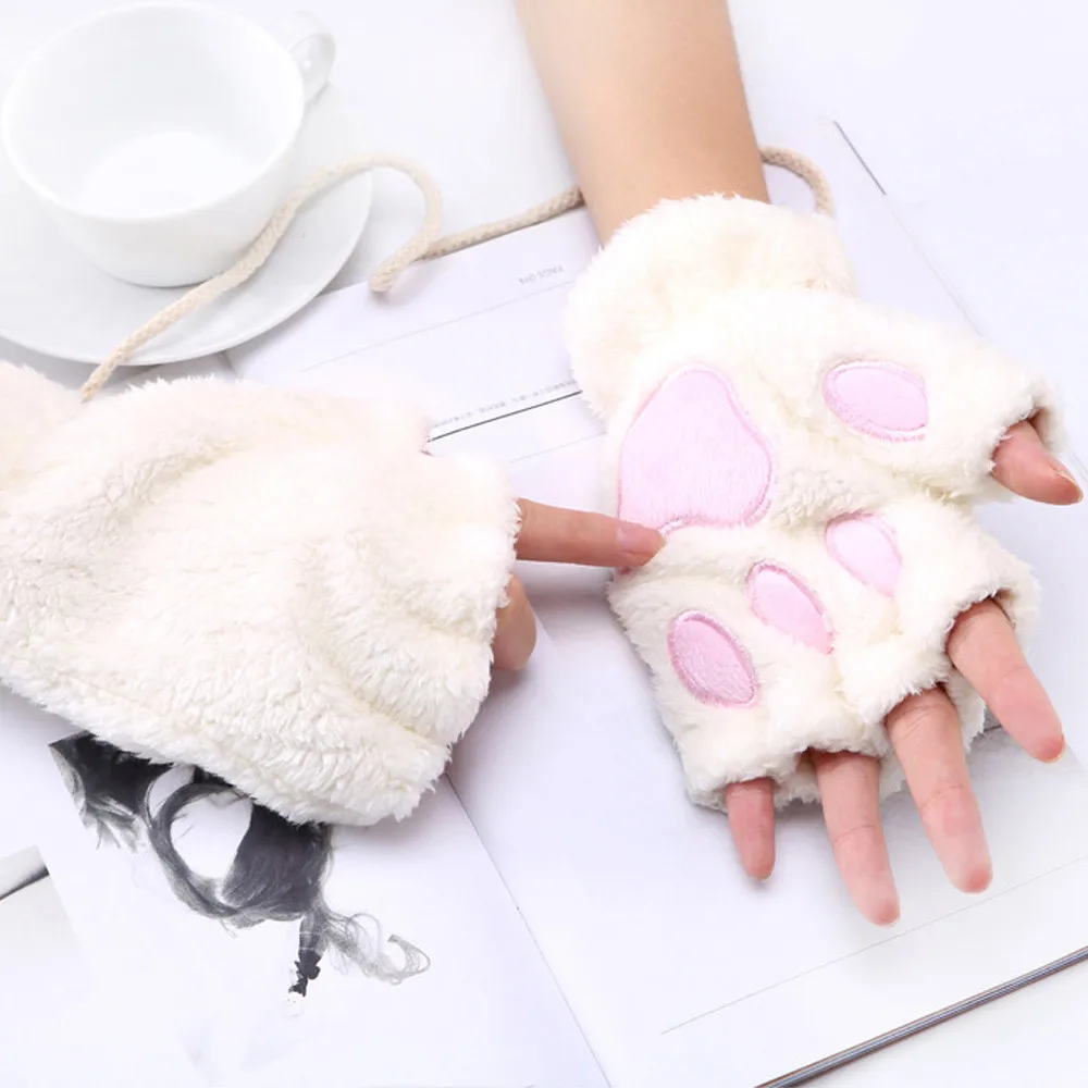 

Women Cute Soft Gloves Plush Mitten Warm Plush Short Fingerless Fluffy Bear Cat Claw Paw Gloves Costume Half Finger Party Warmer