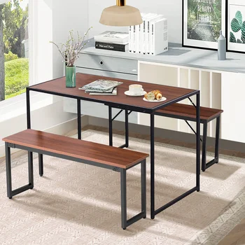 Dining Table Set with Two Benches Kitchen Table Set for 4-6 Persons Space Saving Dining Room Table Set for Kitchen Bar Table