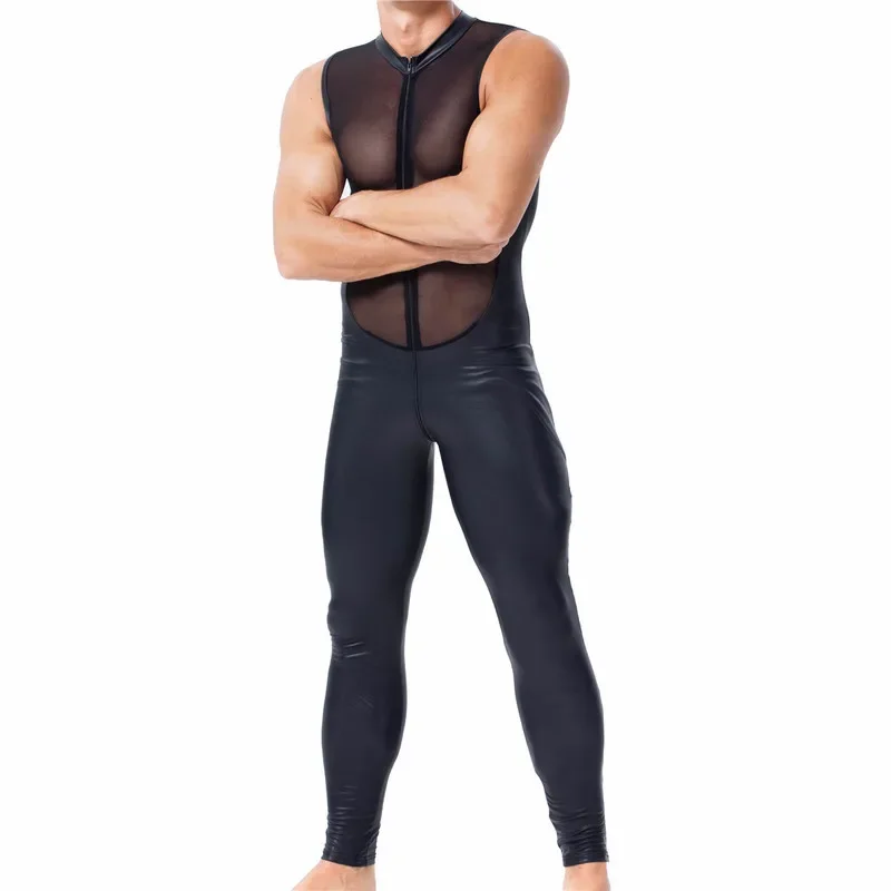Mens PU Leather Jumpsuit Male Sleeveless One-piece Faux Leather Bodysuit Stage Men's Leotard Wrestling Singlet Men Clubwear