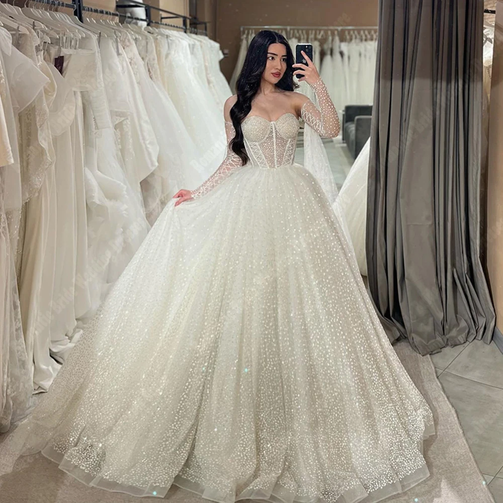 Luxury Bright Women Wedding Dresses Off The Shoulder A-Line Bride Gowns Mopping Length Princess Ball Vestido De Novia Customized 3