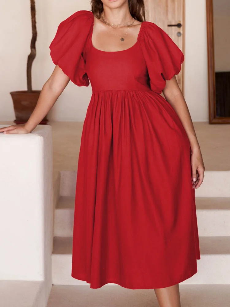 

Lantern Sleeve Sleeve Summer Dresses for Women 2023 Solid Round Neck Folds Bohemian Sexy Backless Long Dress French Vestido