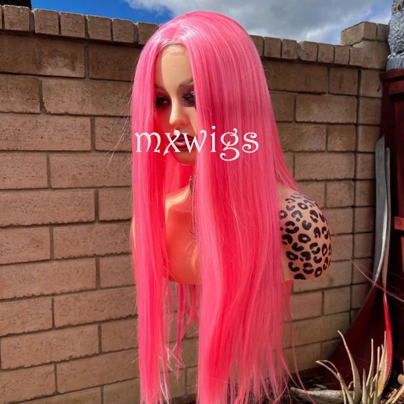 

MXWIGS Pink Color Straight Hair Synthetic Lace Front Wig For Women Soft Cosplay 26Inch Long Glueless Preplucked Heat Resistant
